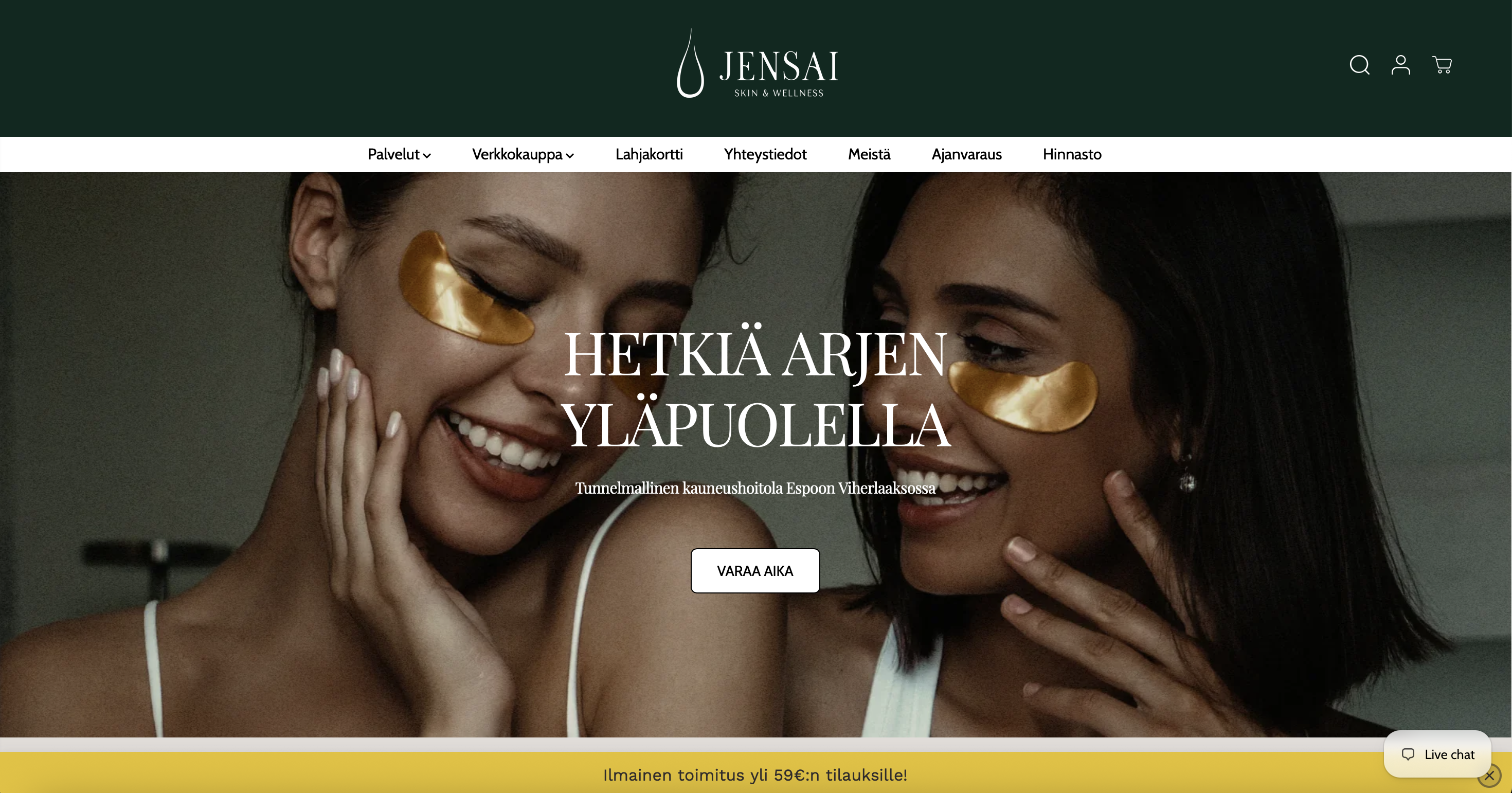 Jensai Skin & Wellness -verkkosivun etusivunäkymä